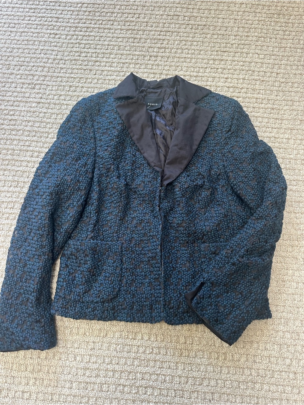 Akris Black & Blue Textured Wool Silk Boucle Tweed Blazer Sz 10